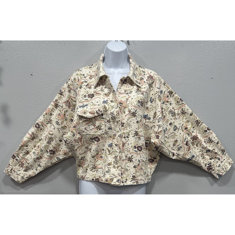 Solitaire Eyelet Jacket Women's Large Ivory Flower Print Button Up Long Sleeves